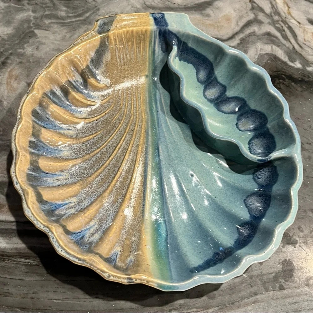 Palms Up Blue Shell Form Divided Dish Handmade